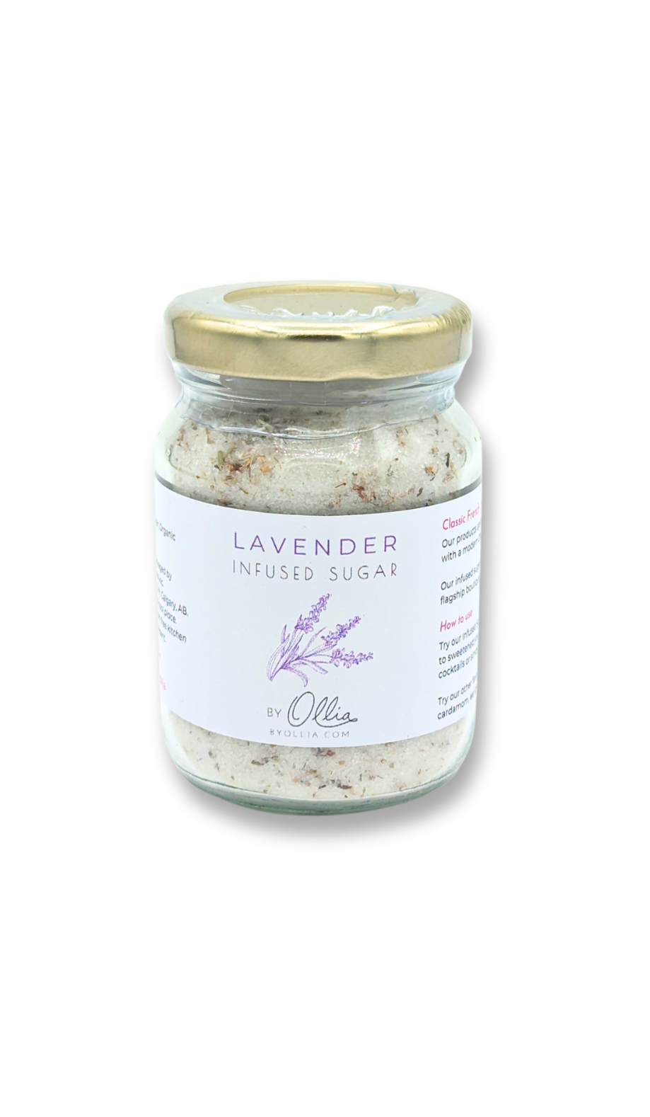 Jar of lavender infused sugar on a white background