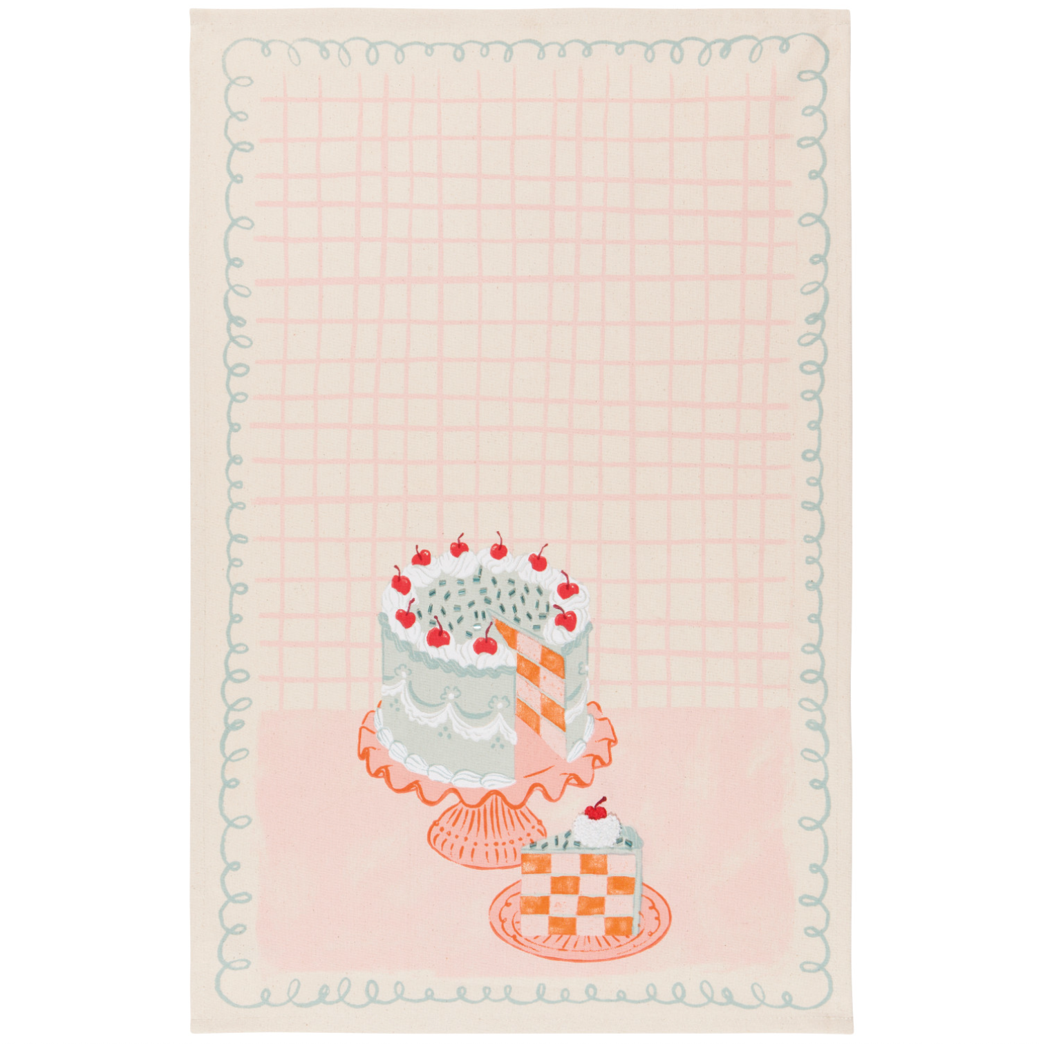 Decorative tea towel with cake illustration on a pink grid background