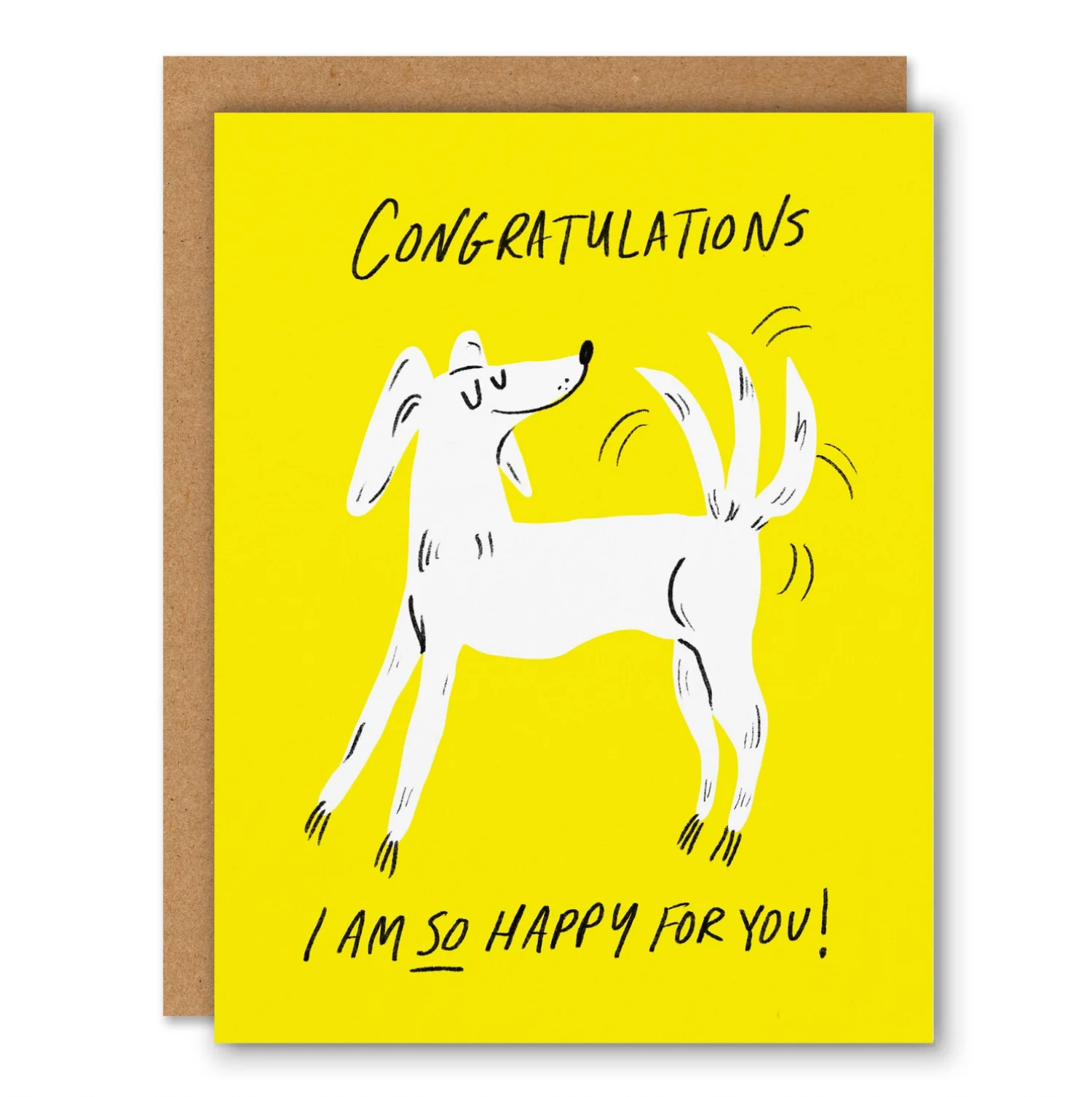 Greeting card with a dog illustration and 'Congratulations' text on a yellow background