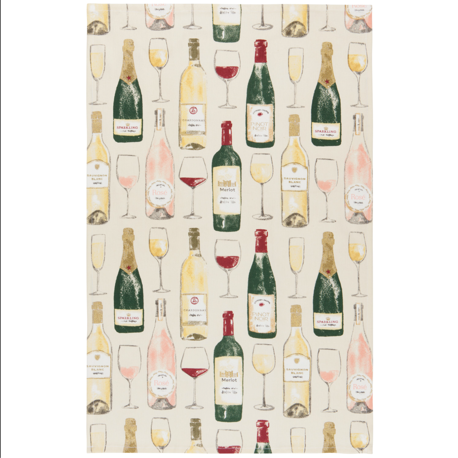 dishtowel with pattern of wine bottles and glasses on a fabric background