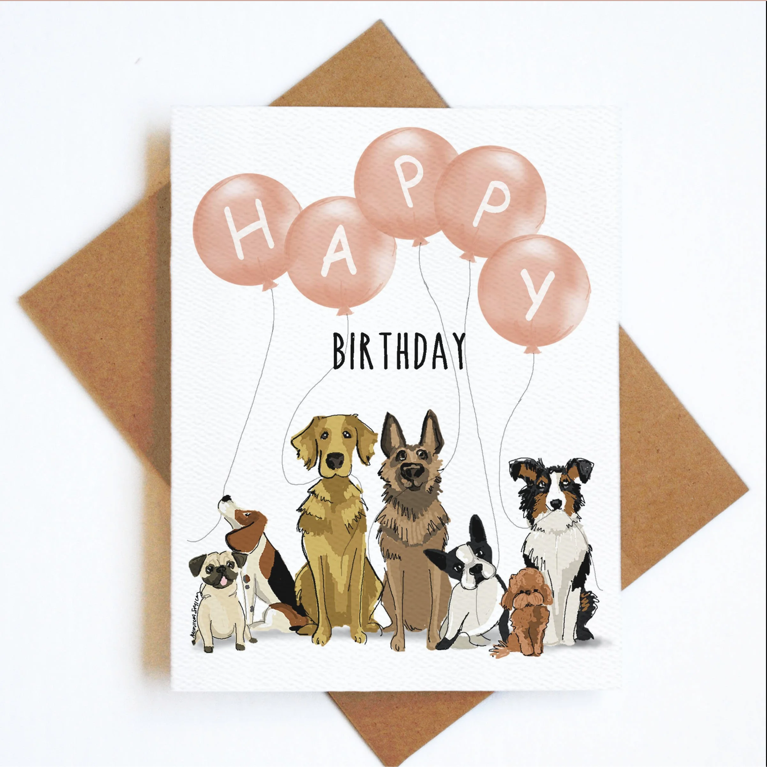 Birthday card with illustrations of dogs and balloons spelling 'Happy Birthday' on a white background.