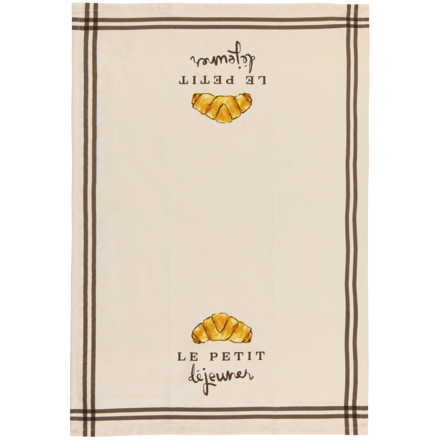 Beige towel with black plaid border and croissant illustrations with text 'Le Petit Dejeuner'.