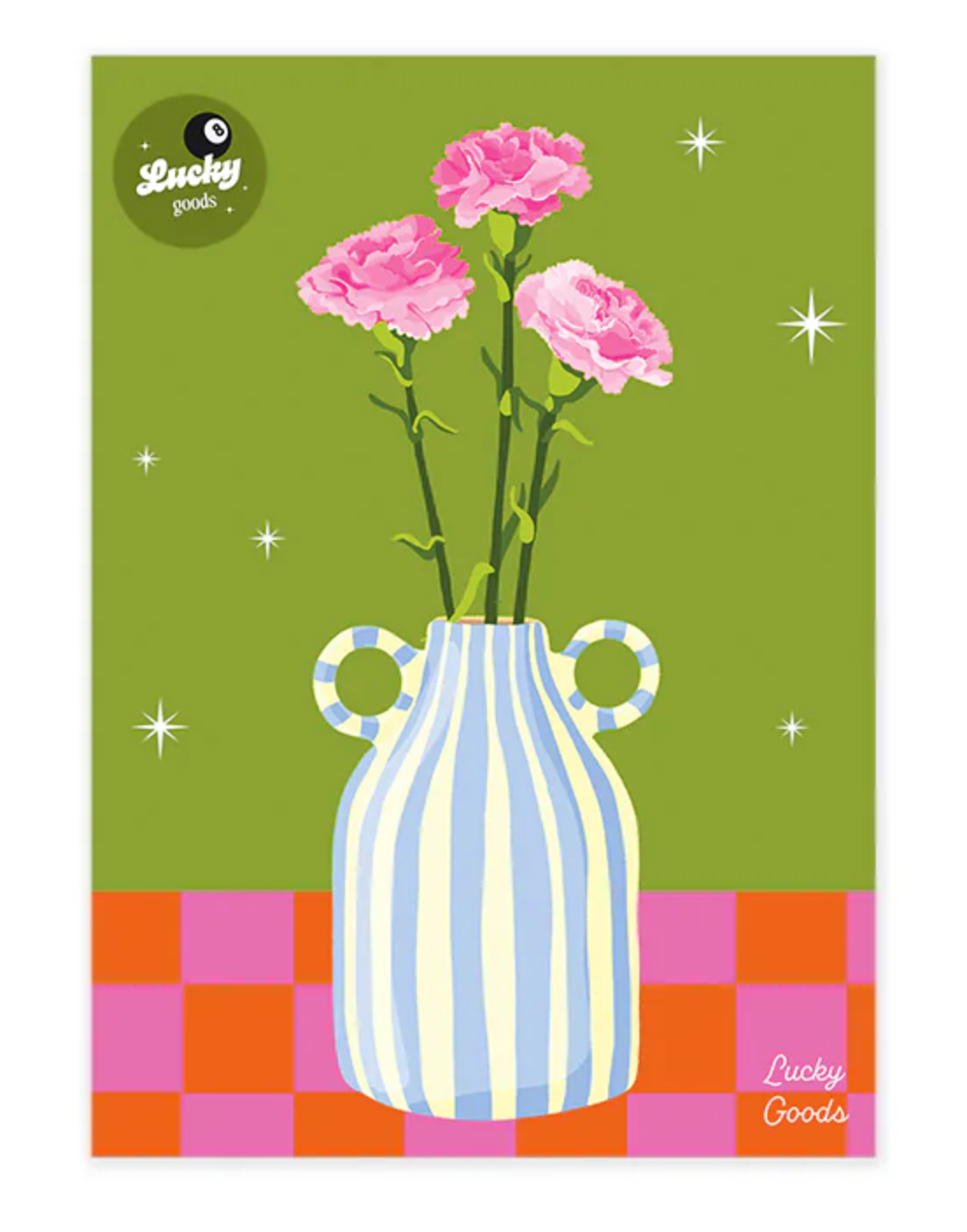 Vase with pink flowers on a green background with 'Lucky Goods' branding.