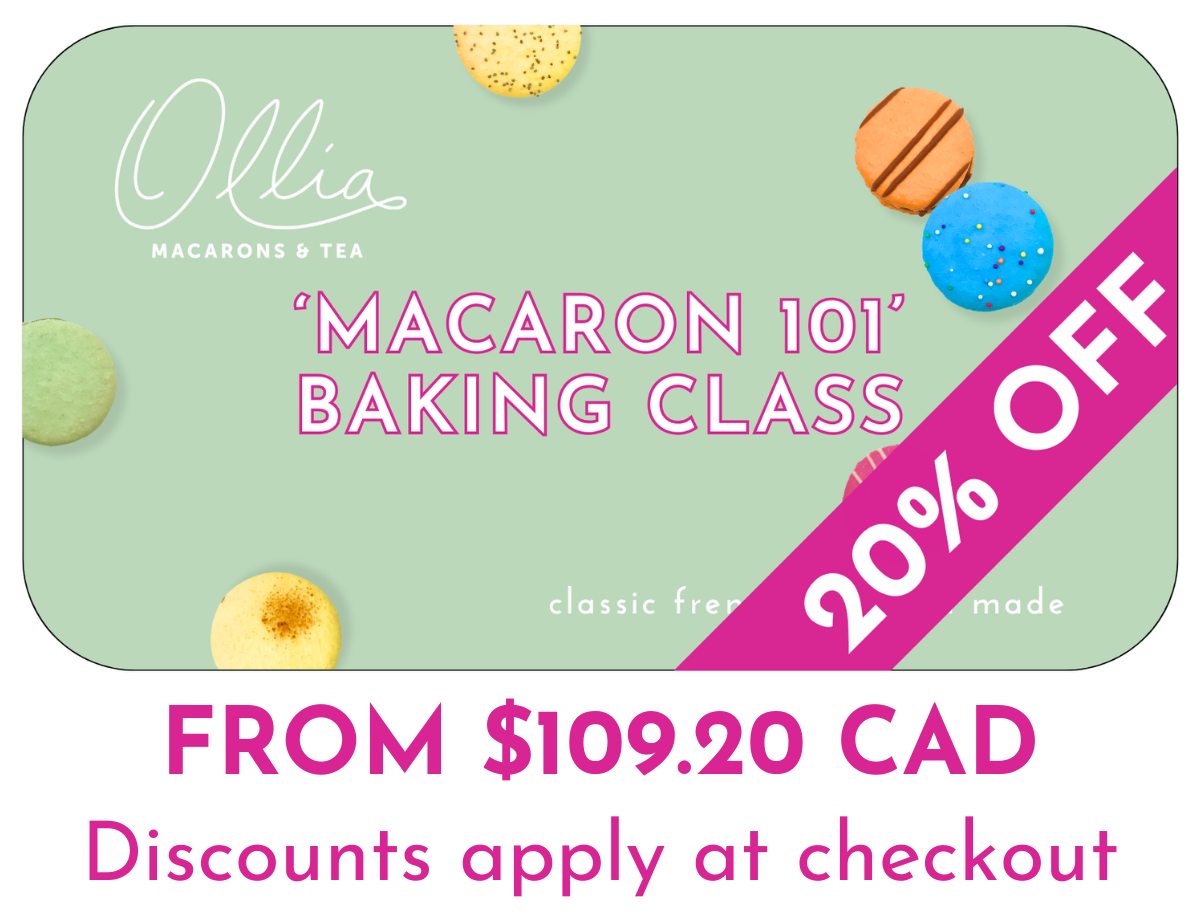 Promotional graphic for 'Macaron 101' baking class with Olilia Macarons & Tea branding.