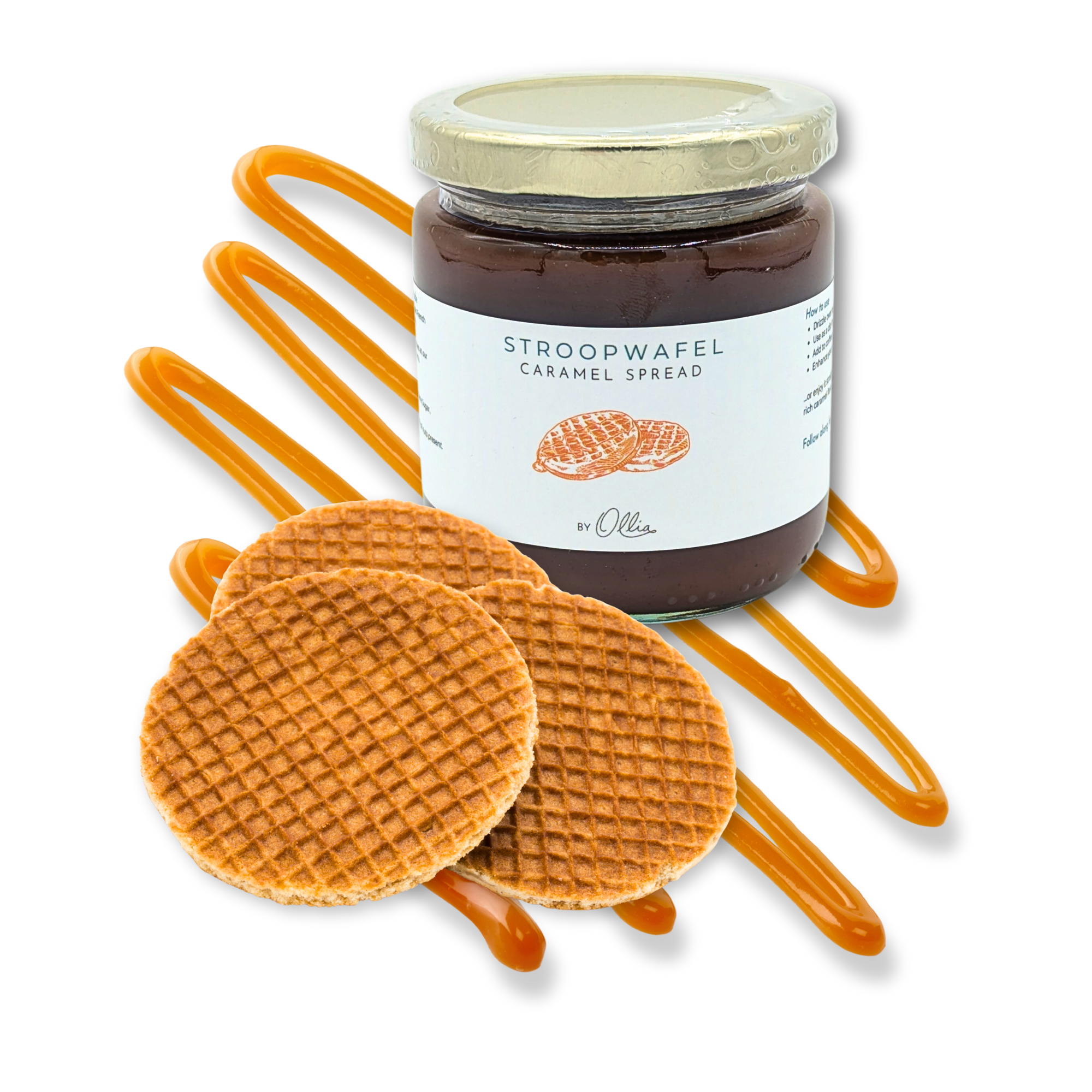 Jar of stroopwafel caramel spread with cookies and syrup on a white background
