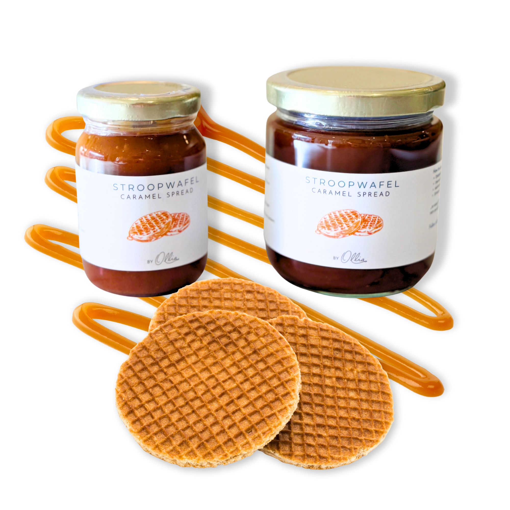Two jars of stroopwafel caramel spread with cookies on a white background