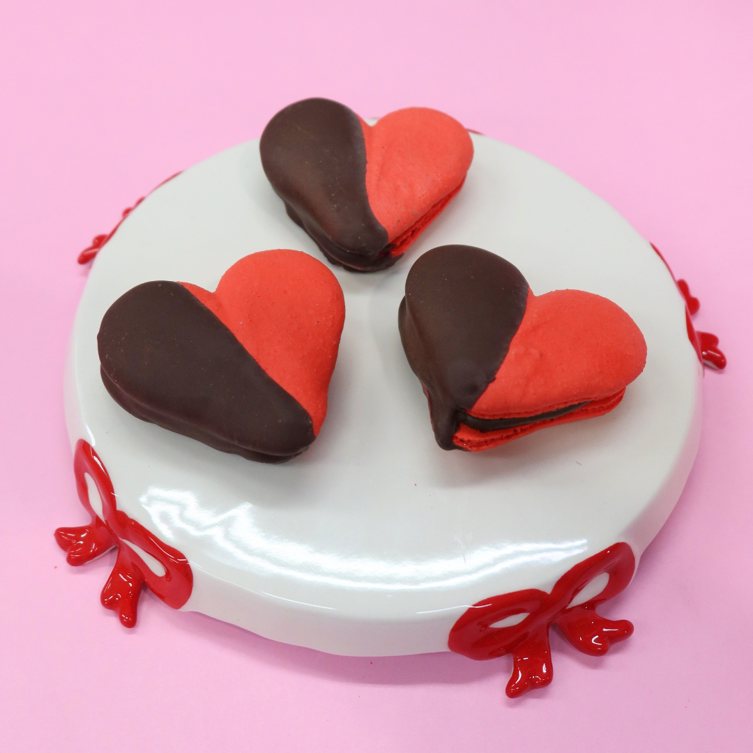 Cherry Chocolate Dipped Heart Macarons
