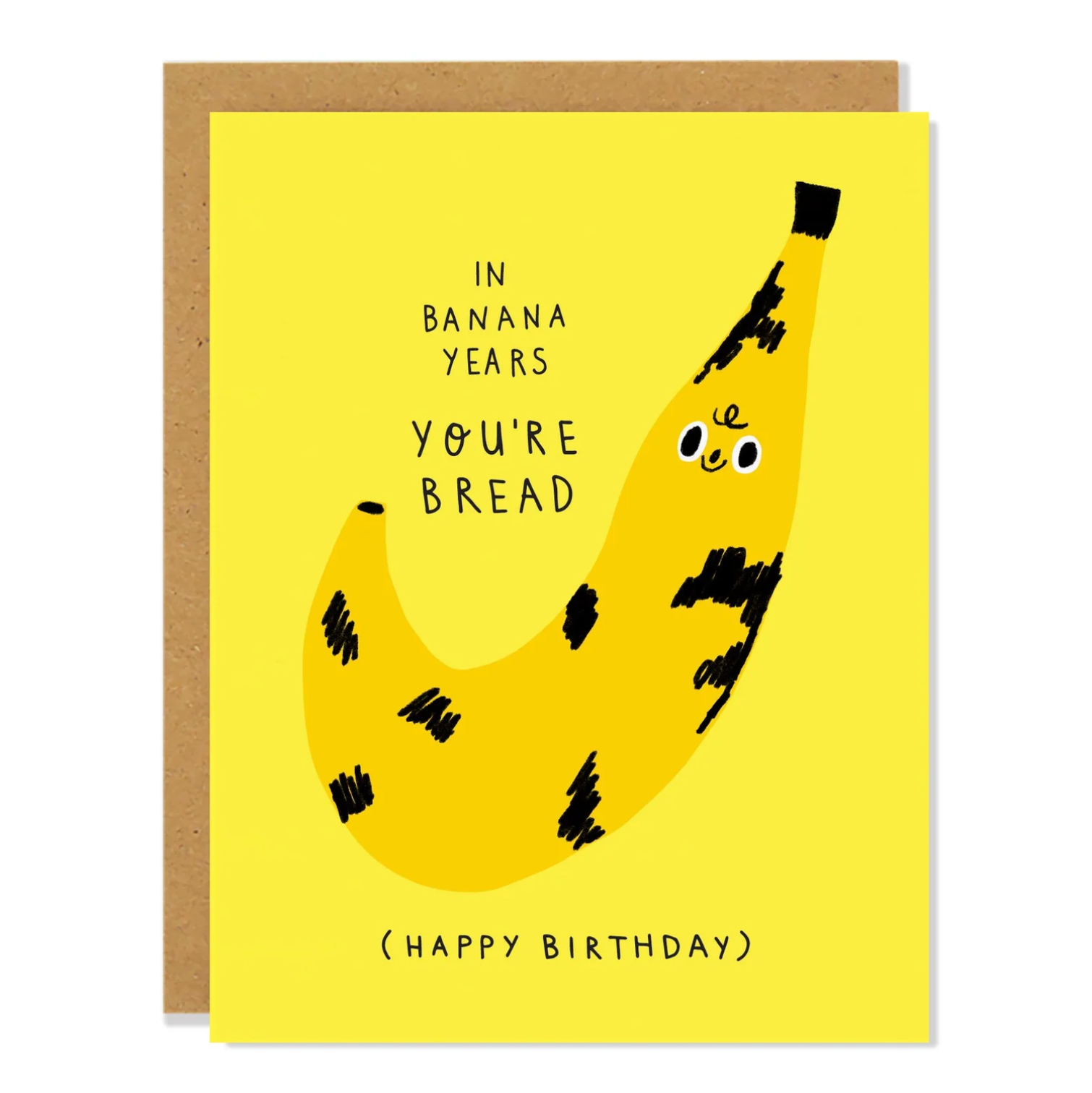Birthday card with a banana illustration and humorous text on a yellow background