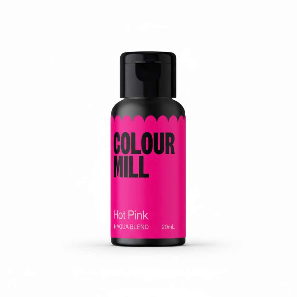 Bottle of Colour Mill Hot Pink baking colour on a light gray background