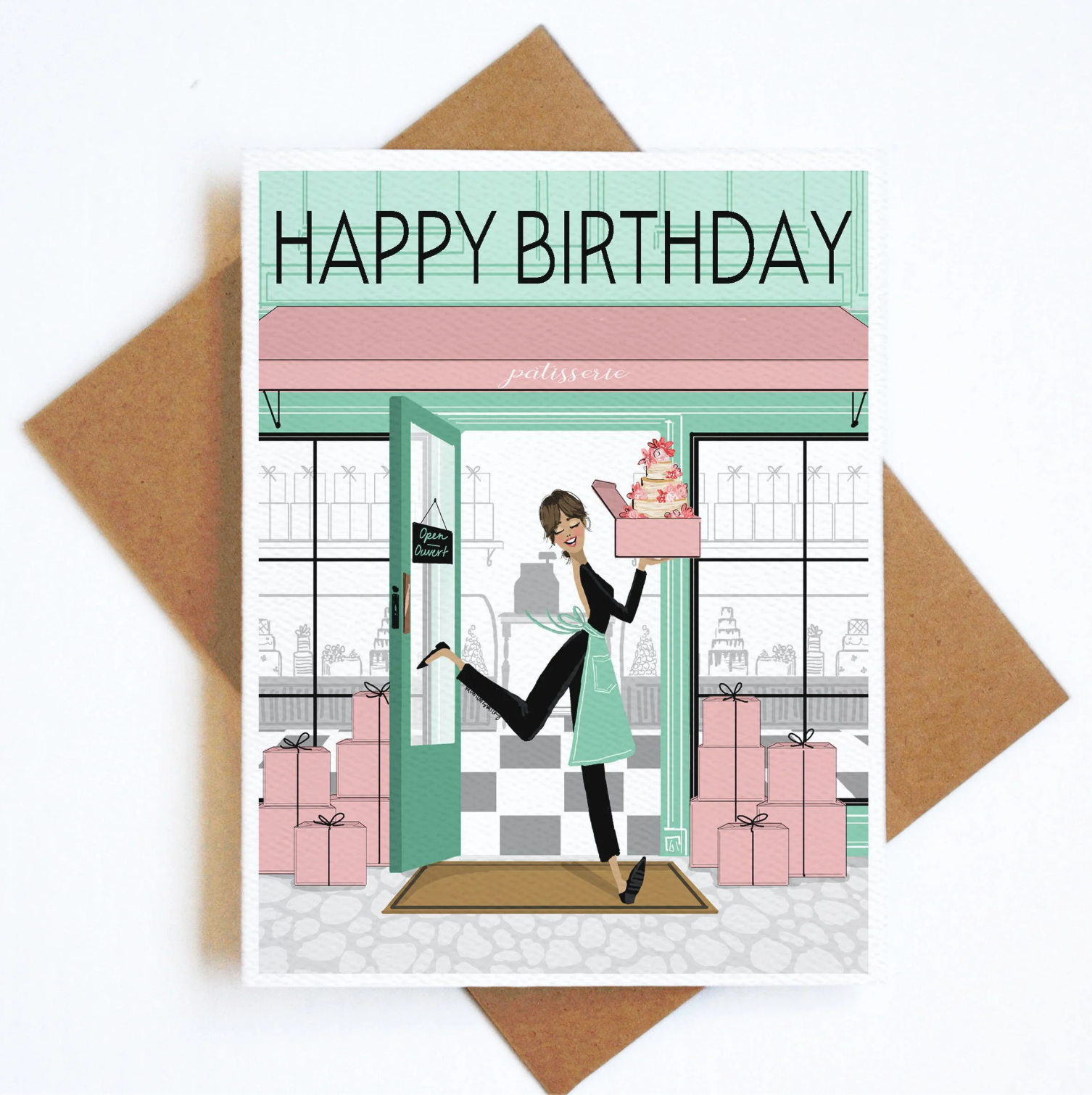 Birthday card with illustration of a woman in a store doorway, holding a cake, with 'Happy Birthday' text above.