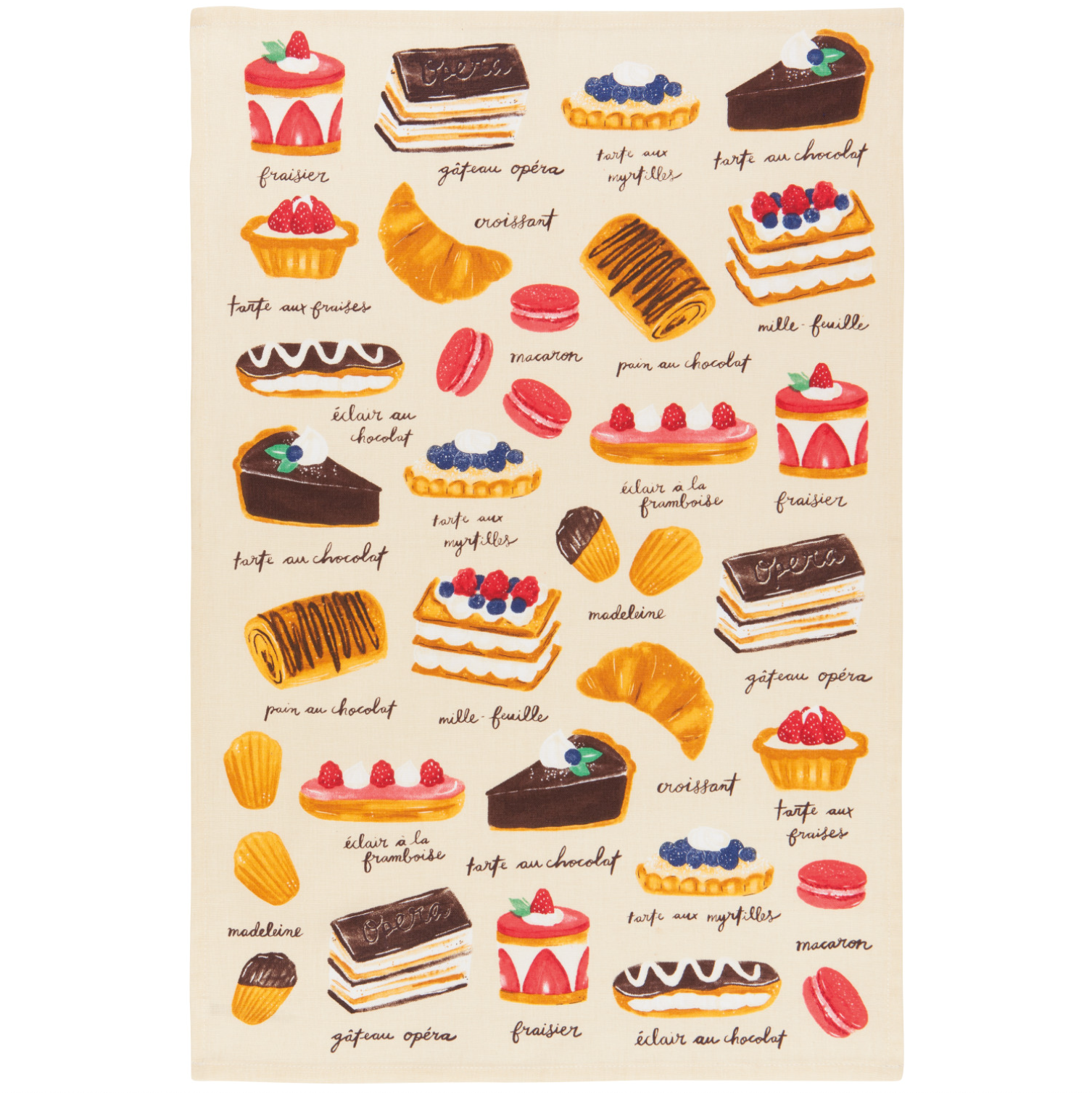 Dishtowel with Illustration of various pastries on a beige background