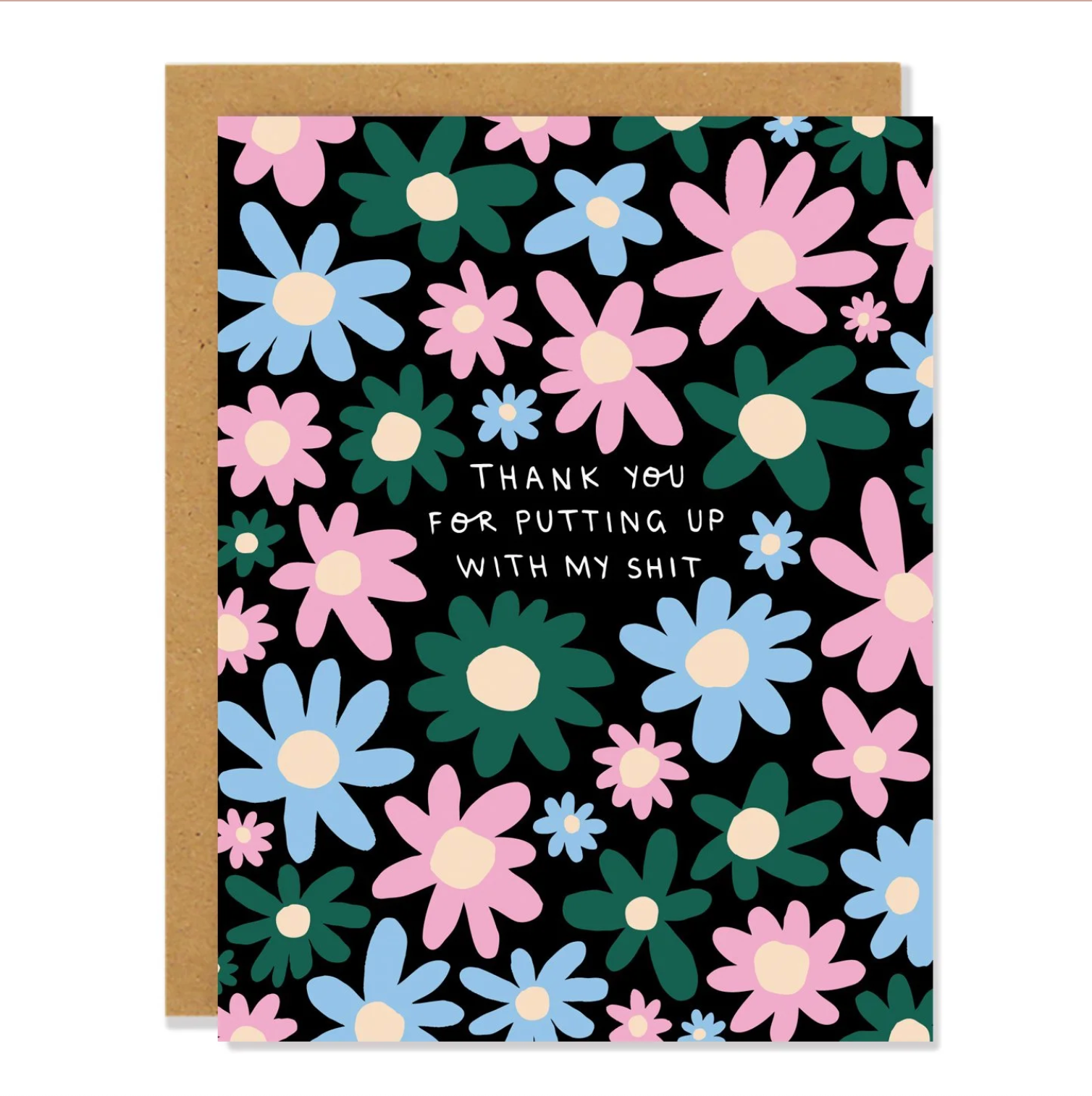 Greeting card with colorful floral pattern and text on a black background