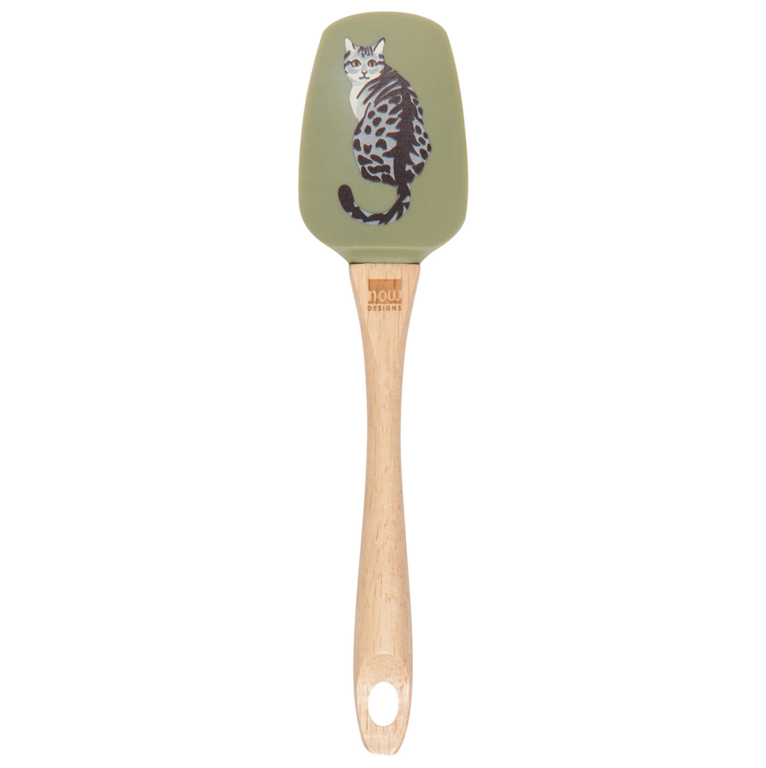 Spatula with a cat design on a green head and wooden handle on a white background