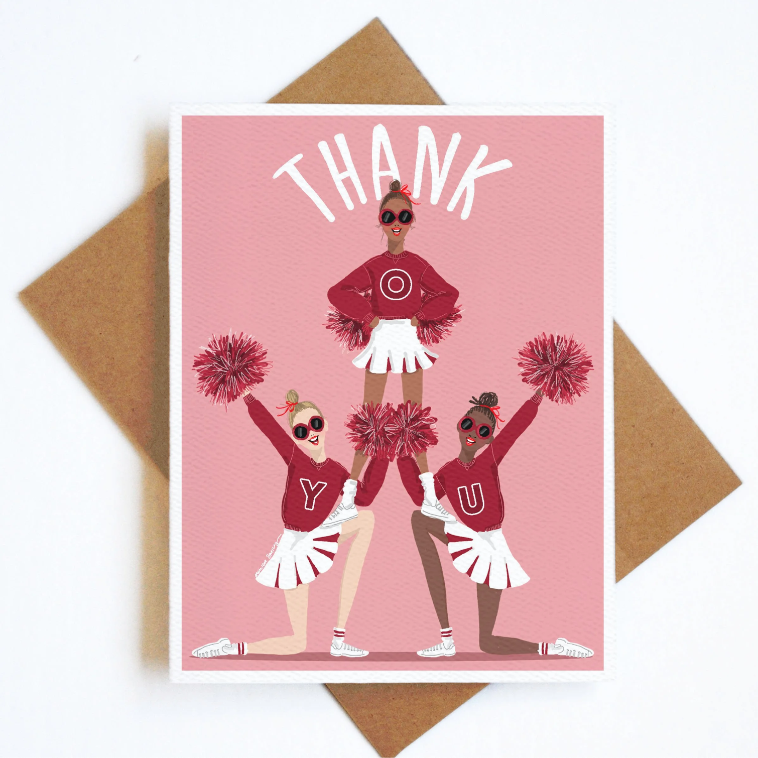 Card with cheerleaders illustration and 'THANK YOU' text on a pink background